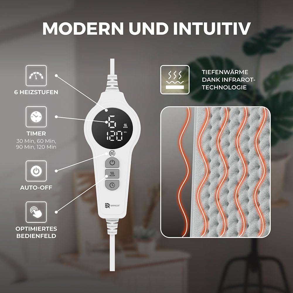 BR Bringer Infrarot Heizkissen mit Klettverschluss für Rücken, Bauch, Taille - Wärmekissen mit Abschaltautomatik, Überhitzungsschutz, 6 Heizstufen (25-60°C), LED Display, waschbar (Grau, 60 x 30 cm)