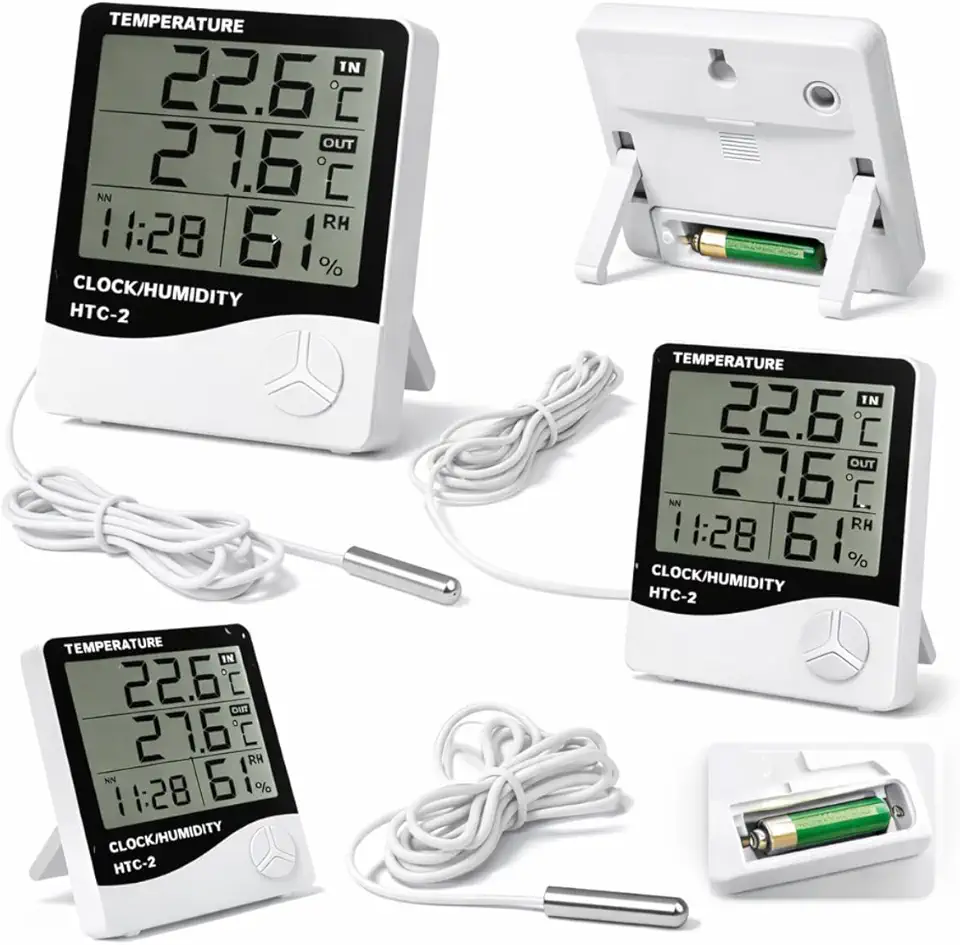 Termômetro Digital HTC-2 com Sensor Externo Higrômetro Interno e Externo Medidor de Umidade Relógio Digital Memória Máx/Mín para Casa Estufa e Adega