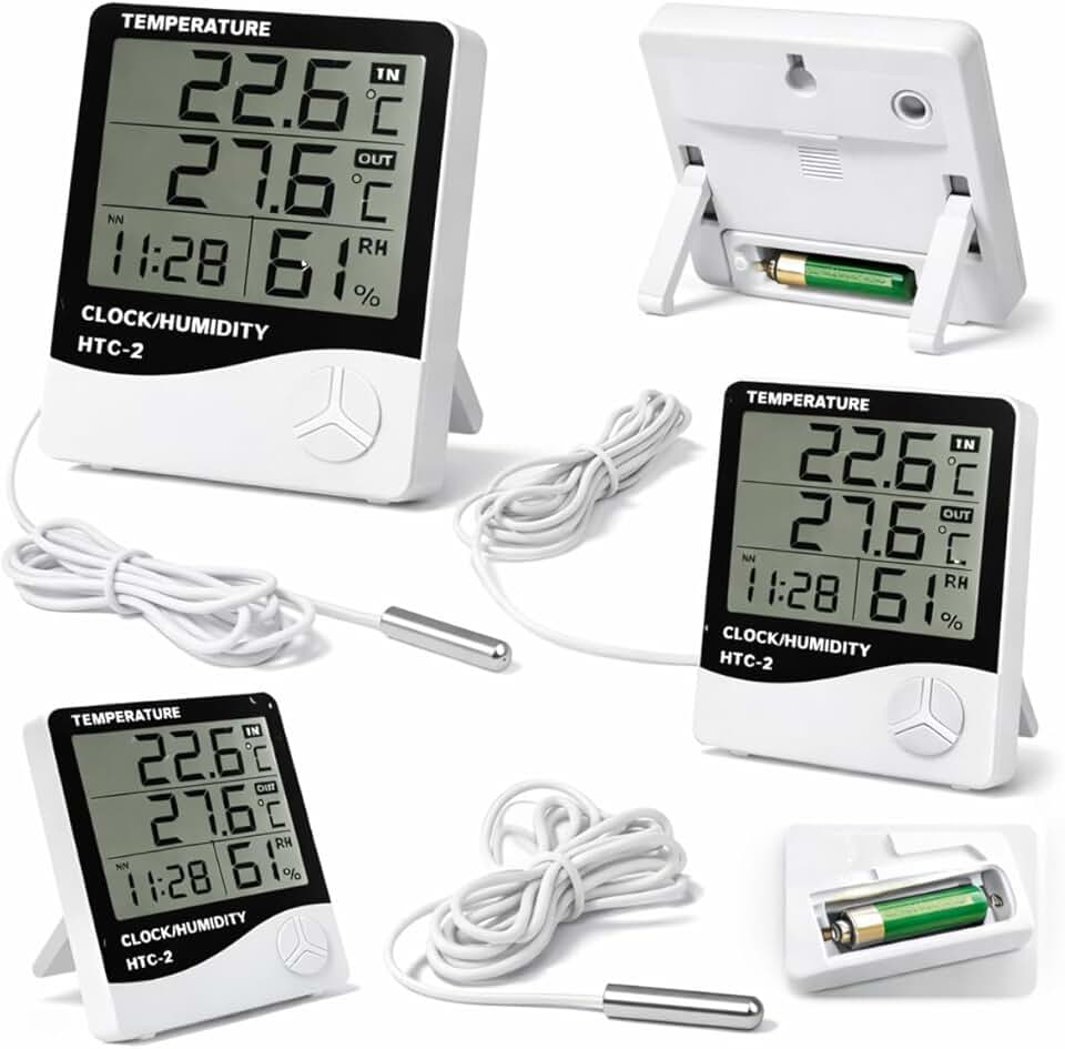 Termômetro Digital HTC-2 com Sensor Externo Higrômetro Interno e Externo Medidor de Umidade Relógio Digital Memória Máx/Mín para Casa Estufa e Adega