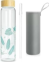 Vista 8 de Botella de agua de vidrio de 32 onzas con popote, botella de vidrio de borosilicato de boca ancha con tapa de bambú y funda de neopreno