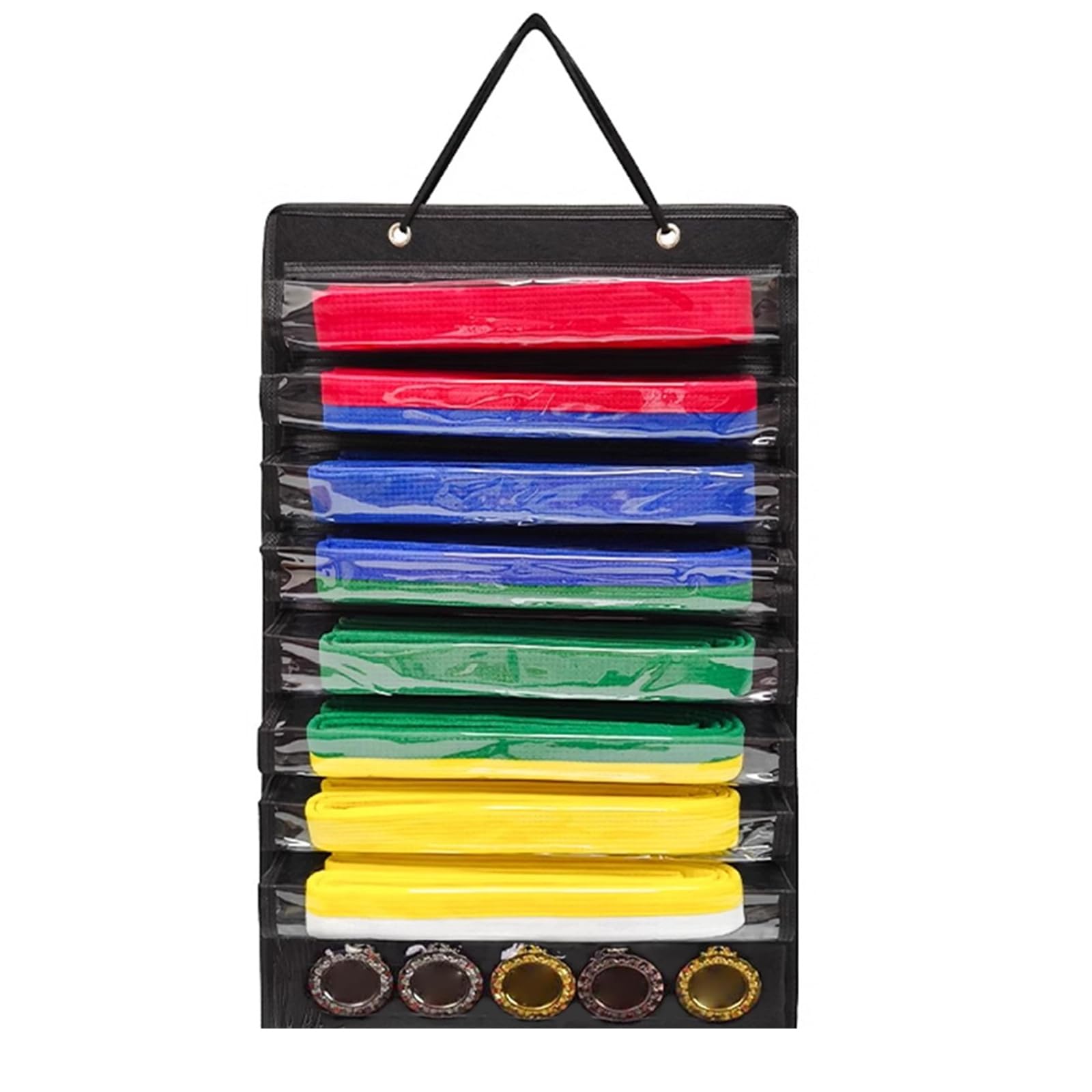 Organizer per Cinture di Arti Marziali, Espositore per Cintura da Taekwondo, Display per Cintura, Espositore per Cintura Karate Antipolvere per 8 Cinture di Arti Marziali e 5 Medaglie (Nero)