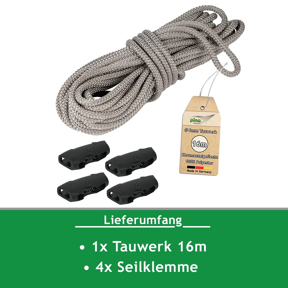 16m Tauwerk, Ø 6mm Seil für Sonnensegel aus Polyester Silber-grau | für Flaschenzug, Umlenkrolle, Seilzug & Boote, 800kg Reißlast & Bruchlast 1050 daN (Tauwerk + 4 Seilklemmen)
