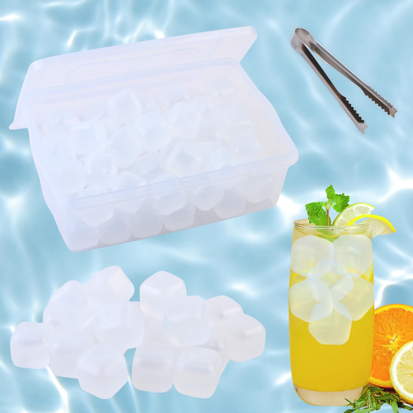 Reusable Ice Cube with Lid & Bin, 60 Pack Plastic Ice Cubes for Drinks BPA Free, Refreezable Square Ice Cubes for Water Bottles, Whiskey, Vodka, Coffee, Cocktails, Beer or Wine