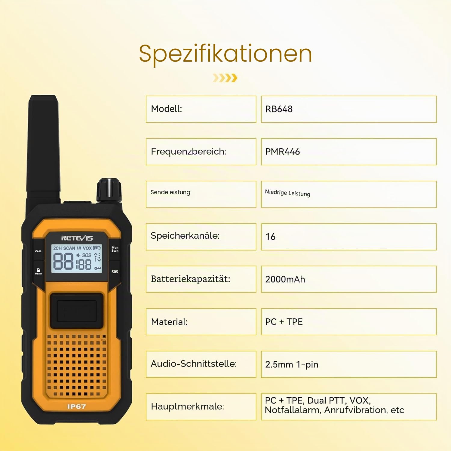 Retevis RB648 Walkie-Talkies mit Mikrofon, Funkgeräte Set Wasserdicht | Erweiterte Triple Proof, Staubdicht,2000 mAh Akku, Notfallalarm, Handfunkgerät für Industrie Baustelle(4er Set, Gelb)
