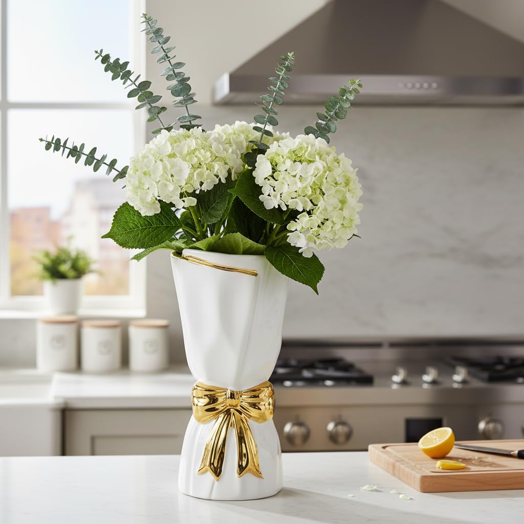 11 Inch White Ceramic Vase with Bow - Modern Boho Vase for Pampas Grass, Tall Decorative Vases Home Decor, Entryway Table, Living Room, Wedding Centerpiece