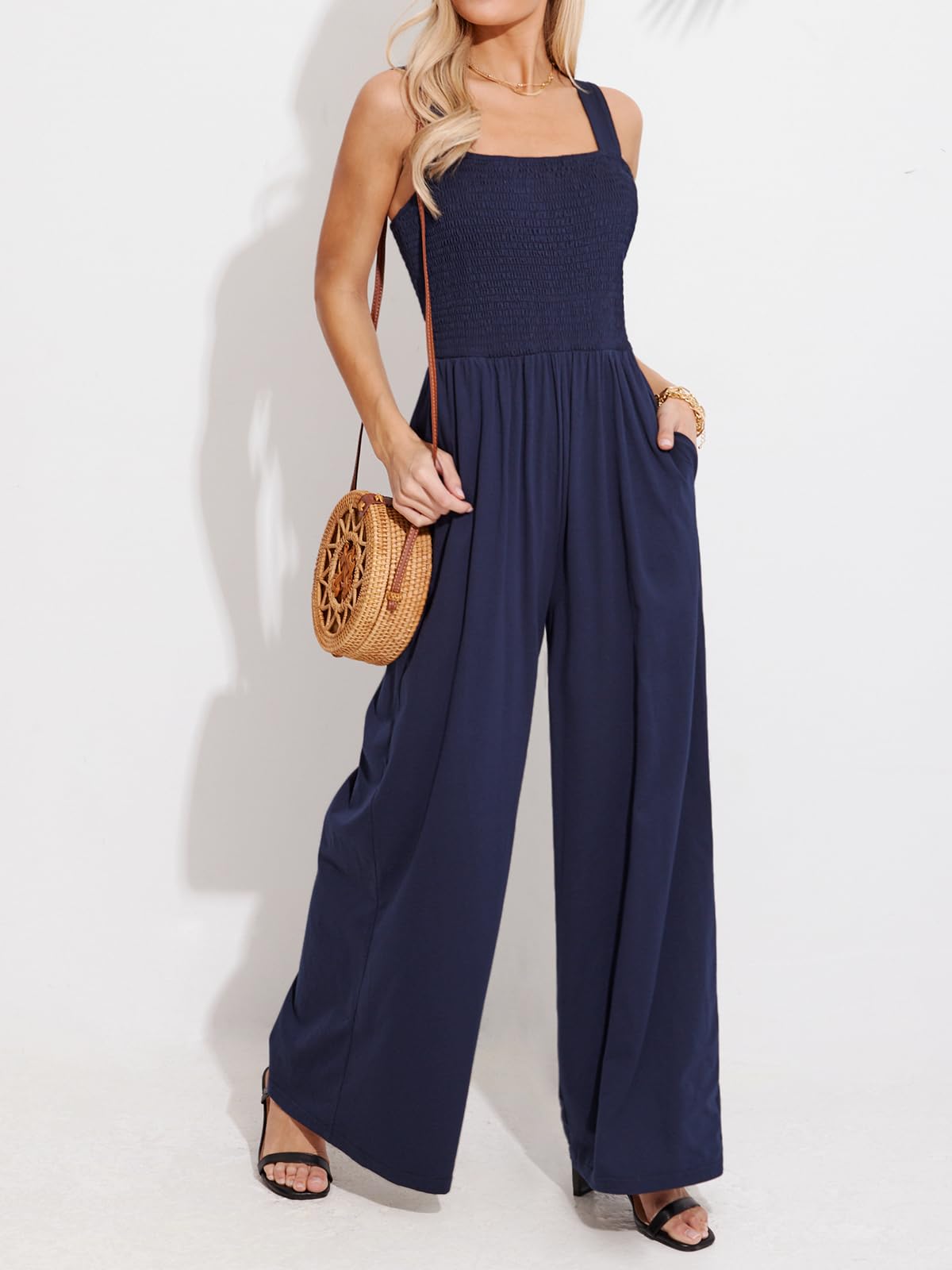 CUPSHE Combinaison d'été pour femme, col carré, sans manches, haut smocké, tenue longue et évasée, tenue décontractée