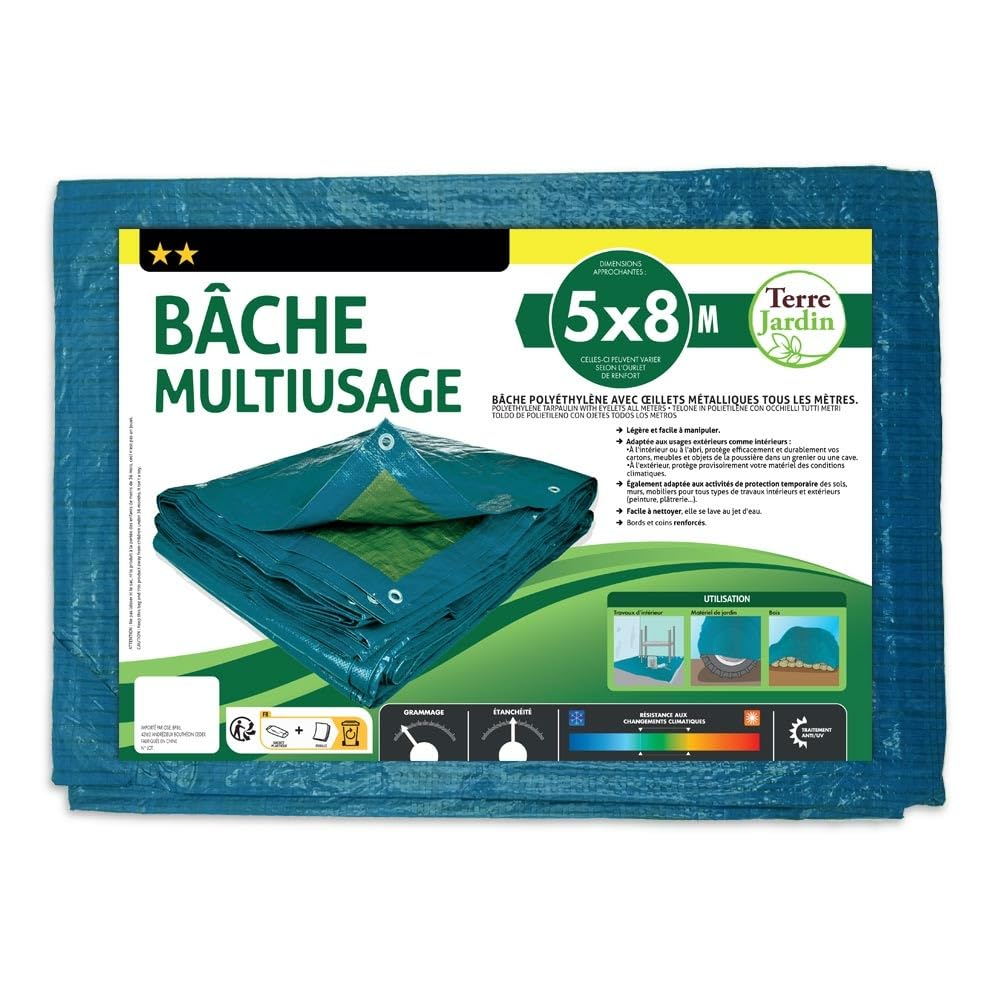 TERRE JARDIN - Bâche de Protection Extérieur, 6 x 10 m - Bâche Multi-Usage Résistante, Polyéthylène 70 g/m², Anti UV - Bâche pour Bois de Chauffage - Œillets en Aluminium - 6 x 10 - Bleu
