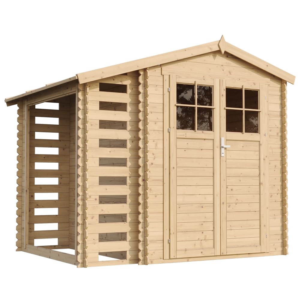 Abri de Jardin en Bois et Range bûches extérieur avec Sol TRAITÉ, Porte verrouillable de Haute qualité, Toit Impermeable - I206xL272xH218 cm/ 3,​53 + 0,​97 m2 TIMBELA M386F+​M386G