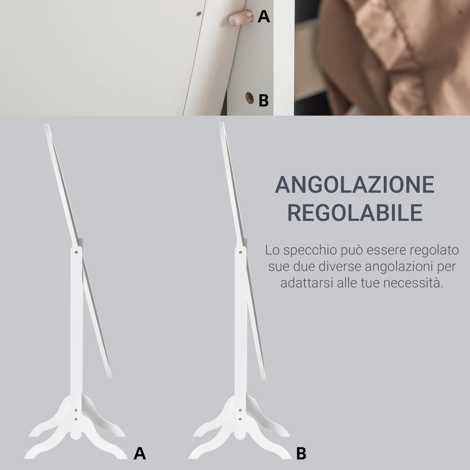 HOMCOM Specchio da Terra di Design, Specchio a Figura Intera con Inclinazione Regolabile, Autoportante, Cornice Ovale e Piedini in Legno, 147x46 cm, Bianco