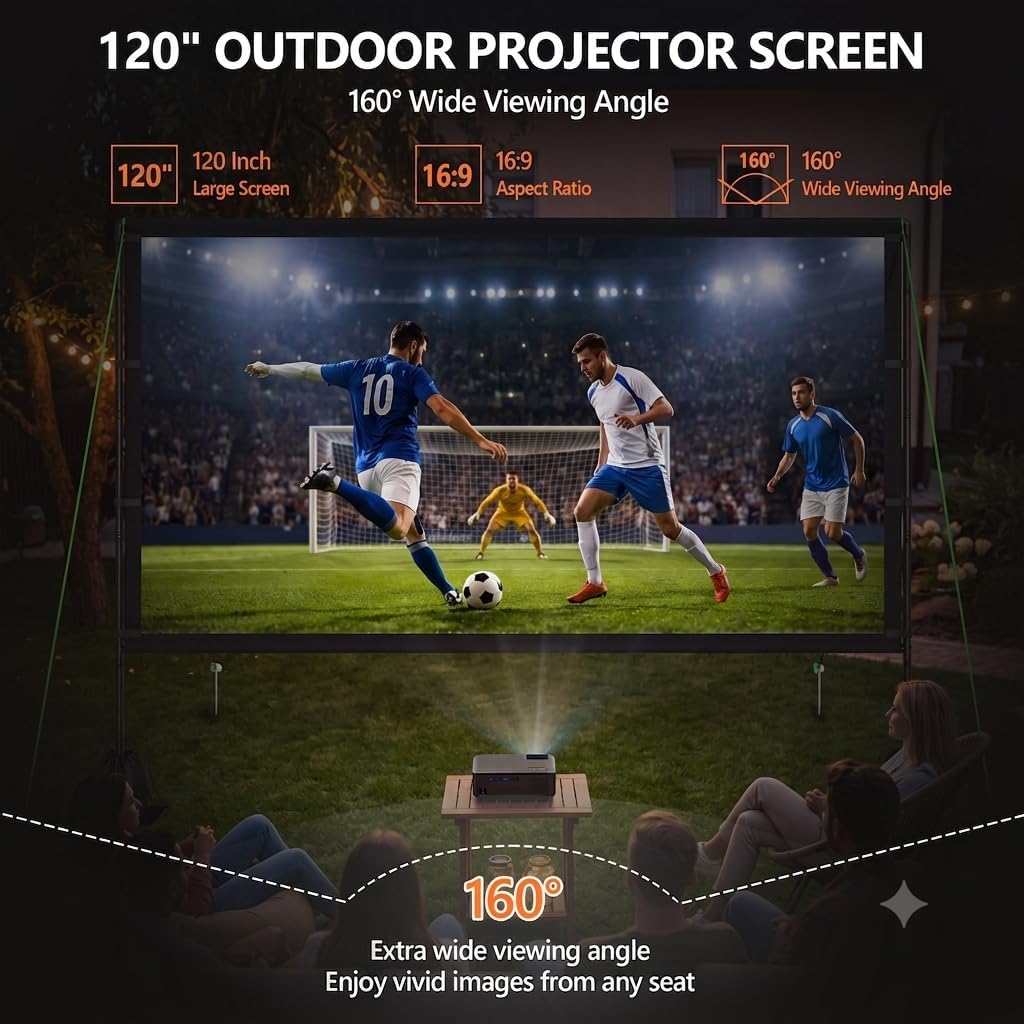 Projector Screen Outdoor with Stand, TWjouko 120 inch Portable Movie Screen with Carry Bag, Sandbag,16:9 Washable Cloth Screen for Backyard, Camping, Travel, Easy Setup, Big Projection Screen image 5