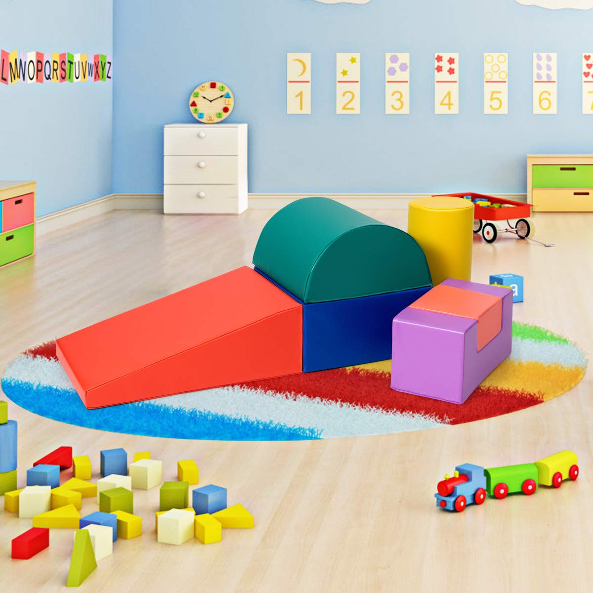 GOPLUS 6 Pcs Parcours Motricité Bébé, Module Motricité Bébé en Mousse, Jouets Éducatifs avec Housse en PU et Remplissage en EPE, Enfants d'Âge Préscolaire