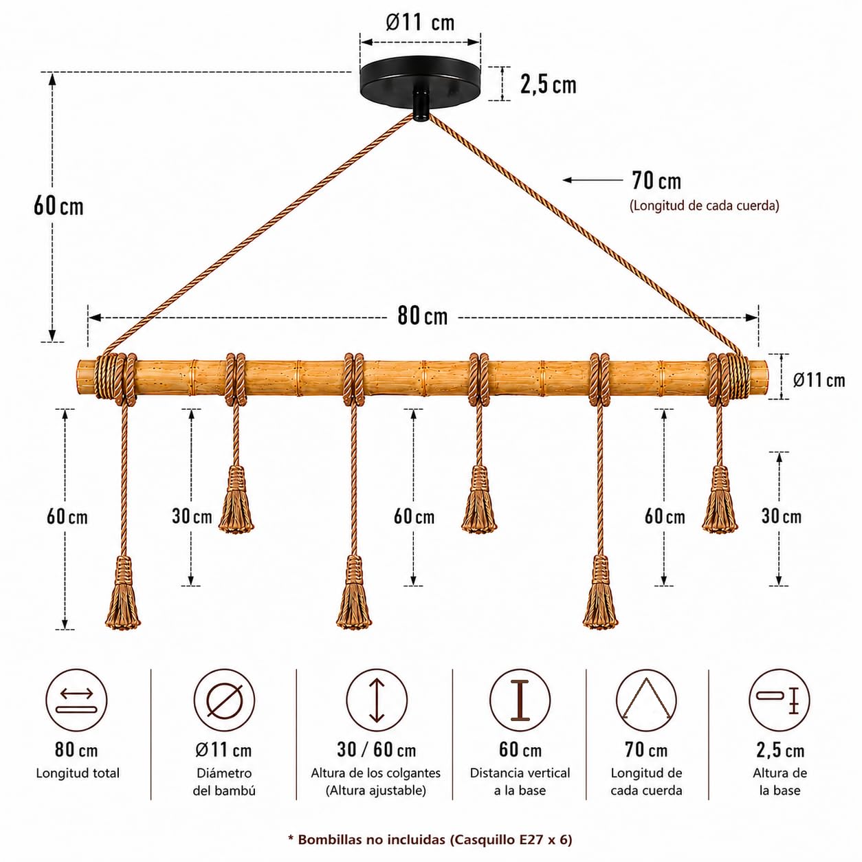 ONSSI® Lámpara Colgante de Bambú Natural,Lámpara de Techo Vintage Rústica con 6 Portalámparas E27,Diseño de Cuerda de Cáñamo Ajustable,para Comedor,Salón,Bar,Cafetería y Restaurante (Sin Bombillas)