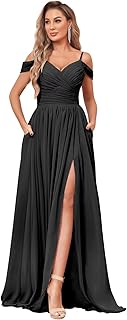 Women's Off Shoulder Bridesmaid Dress with Slit Chiffon Pleated Long Formal Dress with Pockets - Buy now