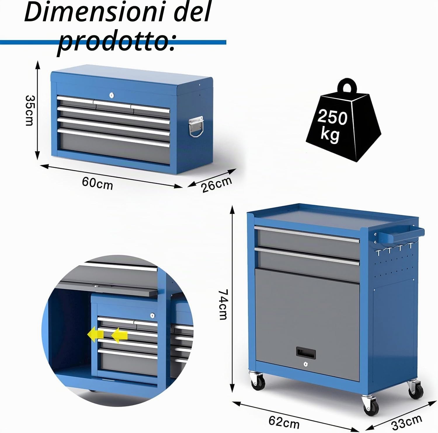 AIRAJ Carrello da Officina,8 Cassetti con Chiusura Centrale a Chiave,2 Ruote con Freno di Stazionamento/Piastra Laterale e Gancio,Professionale Carrello Portautensili,Adatto per Garage