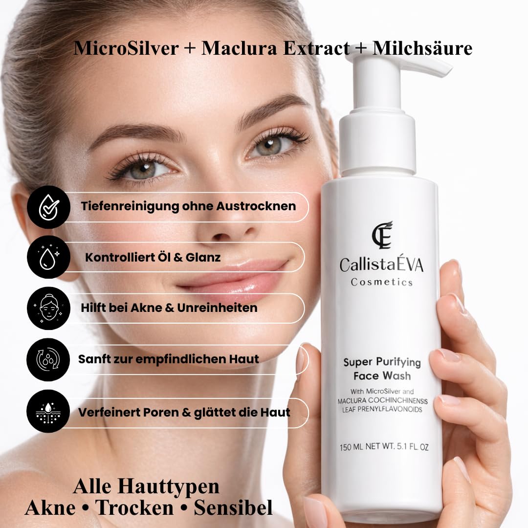 Sanftes Gesichtswaschgel mit MicroSilver & Maclura-Blattextrakt,Akne Blemish, Reinigt porentief, Akne,Unreinheiten, Kontrolliert Öl, Milchsäure AHA,für fettige, empfindliche & unreine Haut 150ml