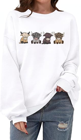 Women Highland Cow Sweatshirt Cute Cowgirl Gift Christmas Farm Sweatshirt Ribbon Long Sleeve Shirts