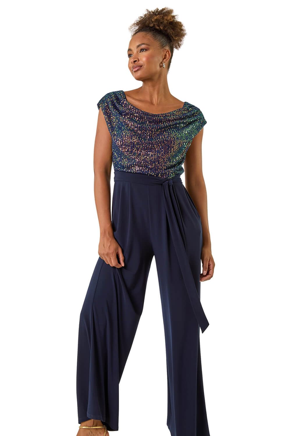Roman Women's Multi Sequin Bodice Cowl Neck Jumpsuit Size 18
