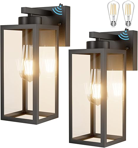 Tipace Paquete de 2 faroles de pared para exteriores con sensor de atardecer a amanecer, accesorios de luz exterior con sensor negro mate, aplique