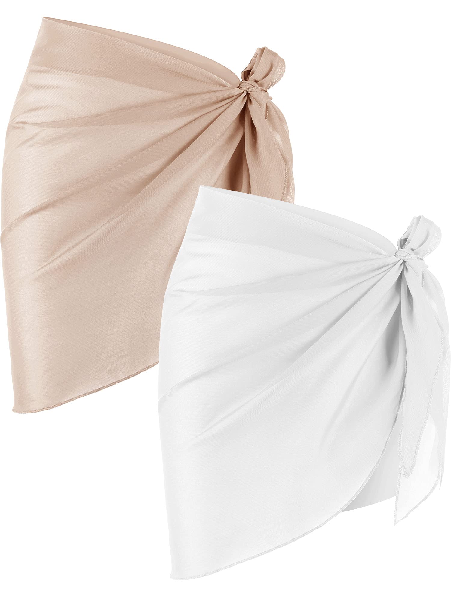 2 Pieces Sarong Coverups for Women Bathing Suit Wrap Swimsuit Skirt Beach Bikini Cover Up Swimwear Chiffon (White, Light Brown)
