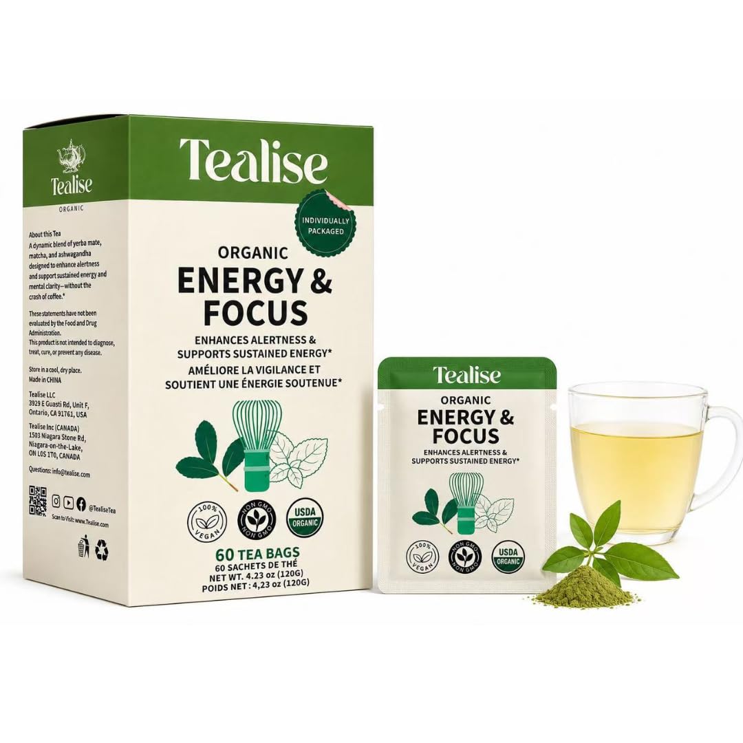 Organic EnergyFocus Tea Bags with Yerba Mate, Matcha Powder, Ashwagandha Root, 60 Servings Plant-Based Tea Bags with individule wrap Energy Focus