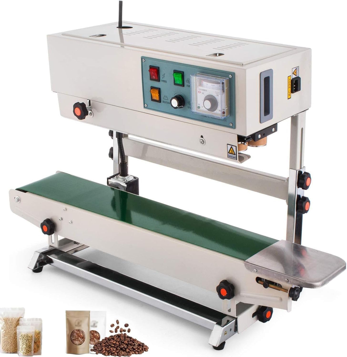 GYKOZY Vertical Automatic Band Sealer, Continuous Sealing Machine for Plastic Bags 0.02-0.8mm, Pure Copper Motor, Adjustable Speed Temp, Multi-Wheel Printing