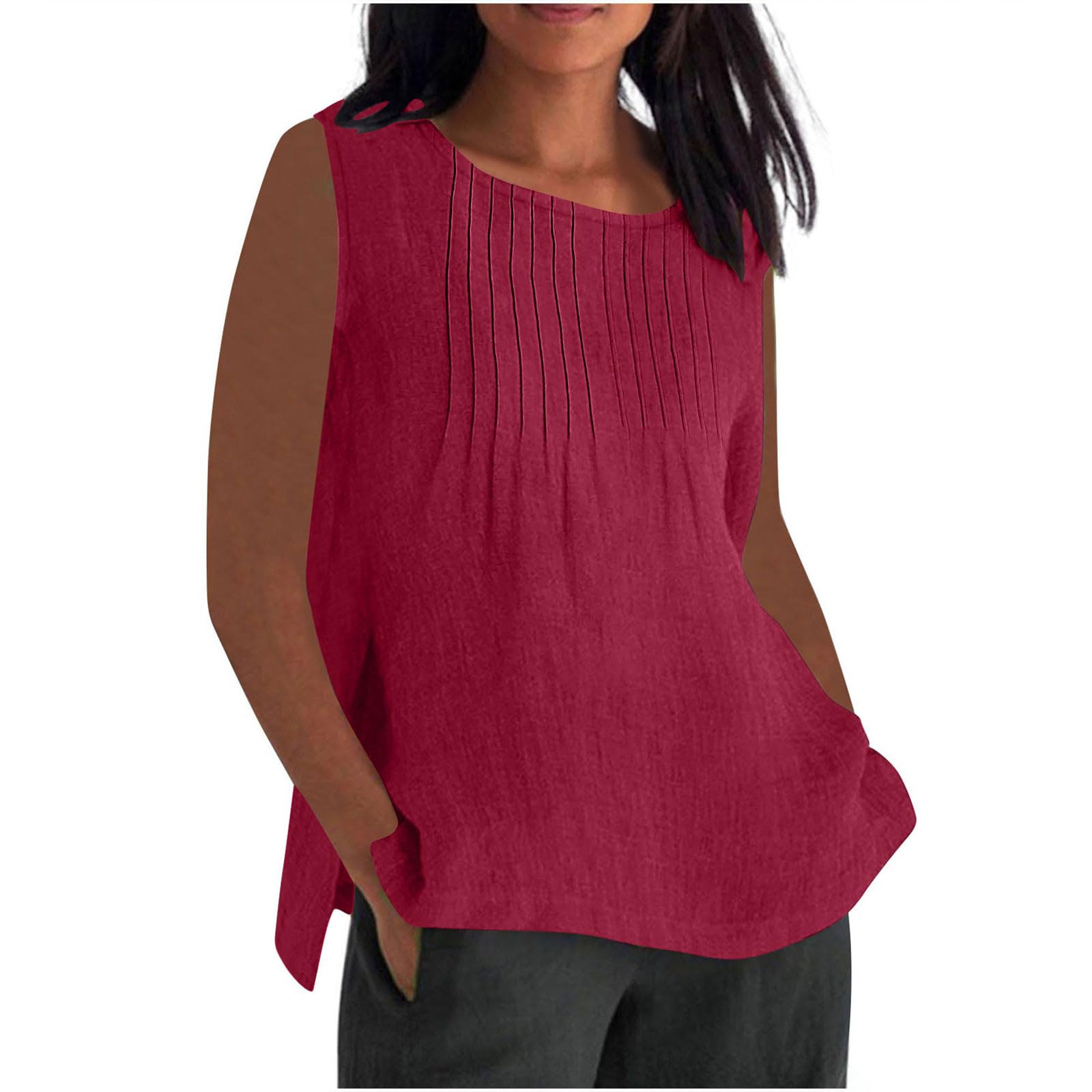 RLEHJN Musselin Tank Top Damen,Lang Trägertop Locker T-Shirt Lässige Baumwoll Leinen Tanktops Sommer Plissierte Ärmelloses Tunika Leichte Damen T-Shirt Strand Vest Blusentop Übergröße S-5XL