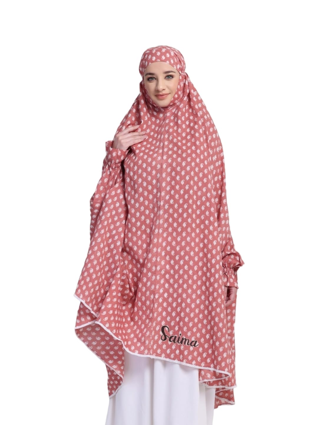 ANA Aisha Brick Red Floral Prayer Dress – Pure Cotton Namaz Makhna with Tie Knot | Lightweight, Breathable for Hajj, Umrah & Salah-image-38