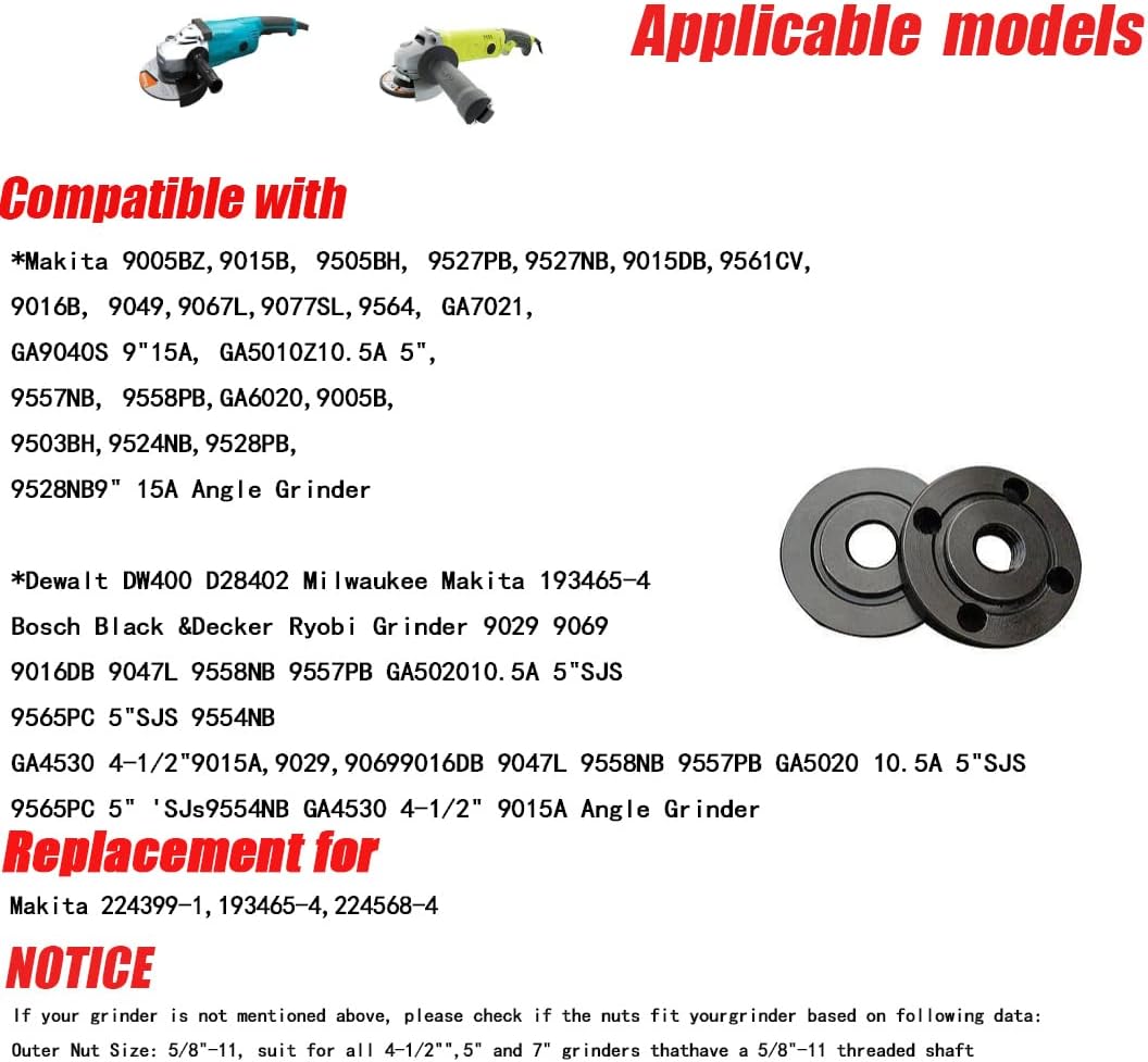 Grinder Flange Angle Wrench Metal Lock Nut Fit for DW Milwaukee Makita 193465-4 Compatible with Bosch Black & Decker Ryobi 4.5" 5" 5/8-11 (1 wrench, 3 inner nuts, 3 outer nuts)