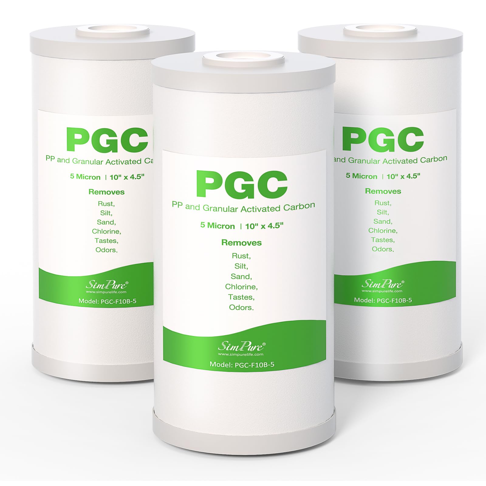 SimPure 5 Micron 10" x 4.5" Sediment and Carbon Whole House Water Filters, PGC Replacement Cartridge for GE FXHTC, GXWH40L, RFC-BB / 155141-43, WRC25HD, WDGD-5005, W10-PR, W15-PR, 3 Pack