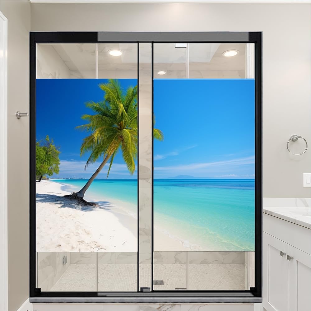 Natural Ocean Landscape Privacy Window Film Coconut Tree Summer Stained Glass Window Coverings Adhesive Sticker Frosted Window Film for Home Office Stores 31.5Wx47.2L-inch x2 Pcs