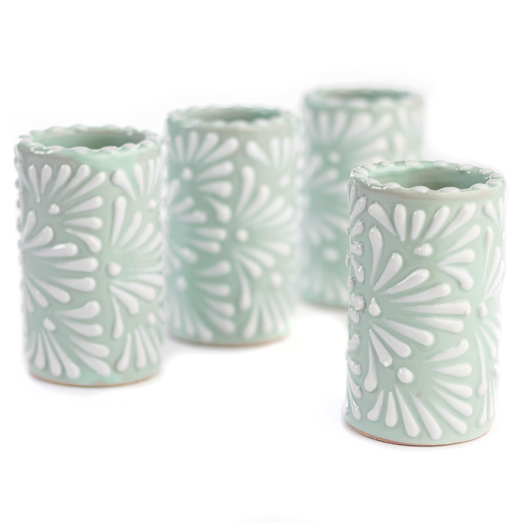 Talavera Shot Glasses Set of 4 Authentic Mexican Tequila Shot Glasses - Hand-painted - 2 Oz (White Brushstroke Mint Background)
