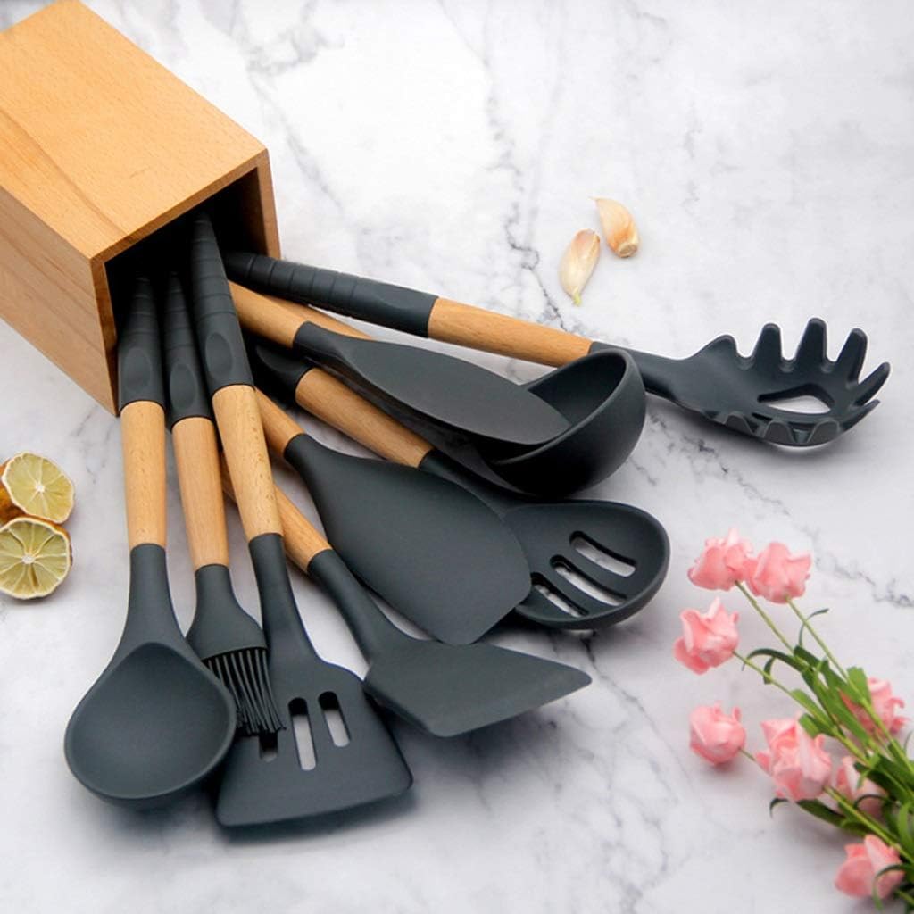 Utensilien-Set, Küchenutensilien-Set mit Silikon-Kochutensilien – 9 Küchenutensilien-Set aus natürlichem Holz aus Silikon – Silikon-Utensilien-Set, Spatel-Set – Silikon-Utensilien, Kochutensilien