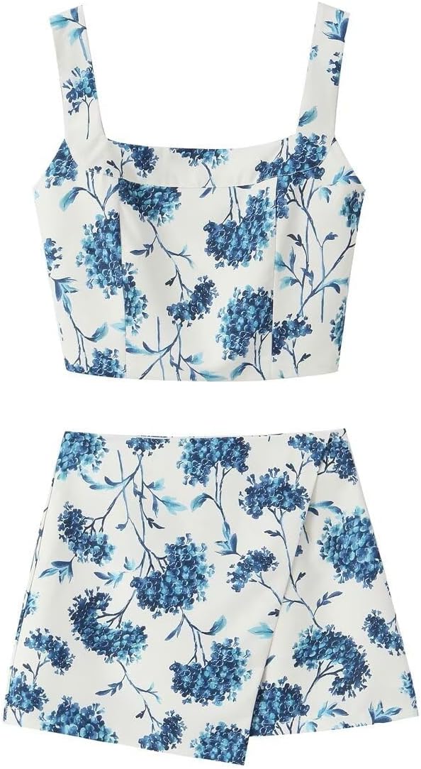 THLAI Women Two Piece Skirt Sets Floral Crop Top and Mini Skirt Sets Summer 2025 Vacation Outfits Short Sets