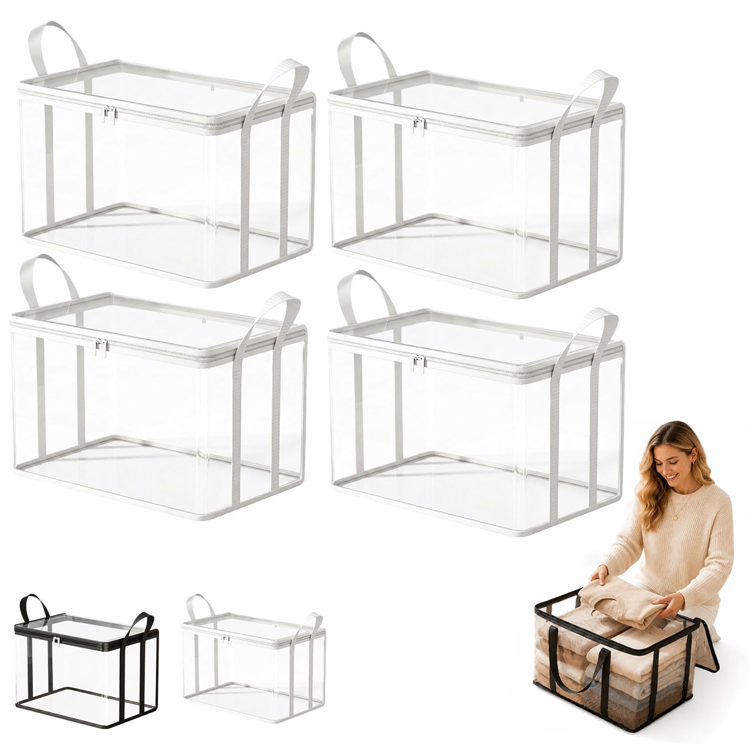Hawiat 2026 New Large Clear Thick Plastic Storage Box with Hinged Lid, Clear Storage Box Heavy Duty Stackable Organizer for Clothes Camping Moving Attic (4pcs*white)