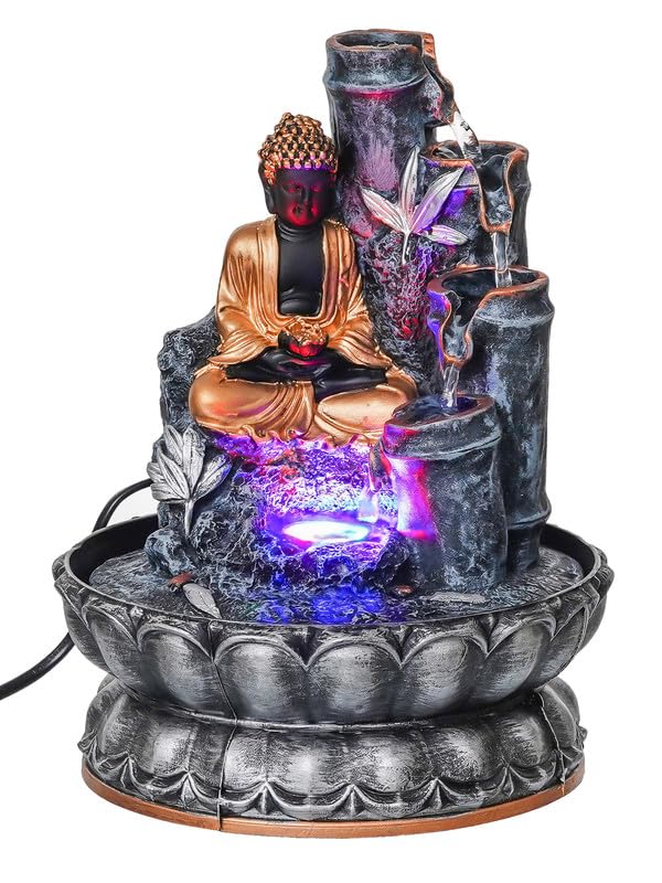 Image of Grey Color Polyresin Tabletop Buddha 4 Step Indoor Water Fountain for Home Decor with LED, Speed Control Pump (Size: 20 x 20 x 25.5 CM | Weight: 1010Gram)