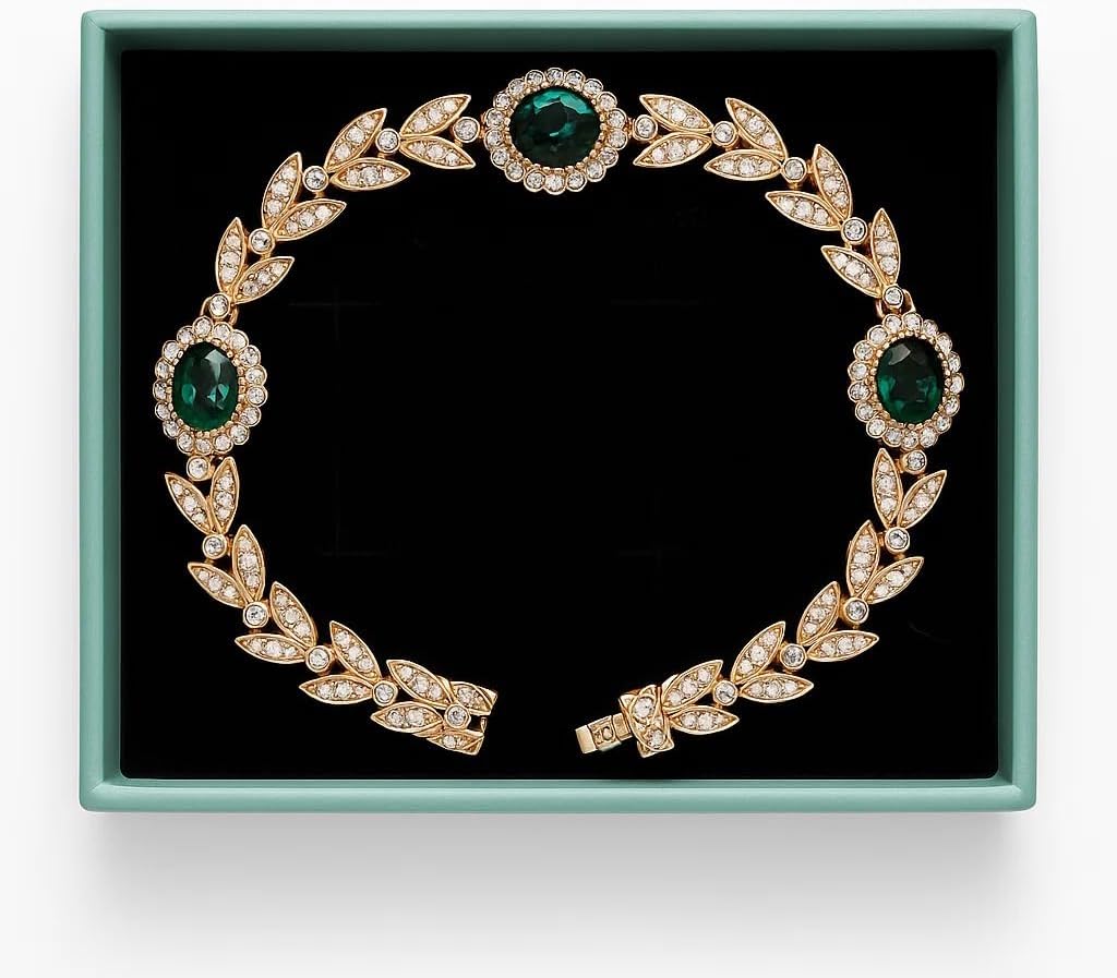FAIRY COUPLE Emerald Green Crystal Bracelet for Women, 7.28" Rose Gold Leaf Design Tennis Bracelet with Sparkling Cubic Zirconia, Elegant Vintage Jewelry Wedding Prom B35 - Image 3