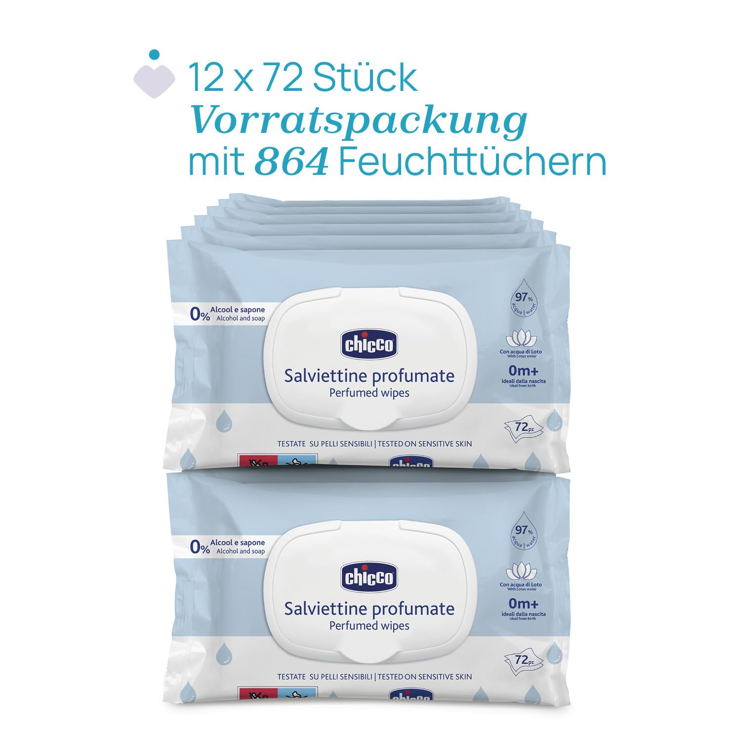 Chicco Neugeborenen-Baby-Mehrzweck-Reinigungstücher mit Plaquette, alkoholfrei, parfümiert, für empfindliche Haut geeignet, Multipack mit 864 Tüchern, 12 Packungen mit 72 Tüchern