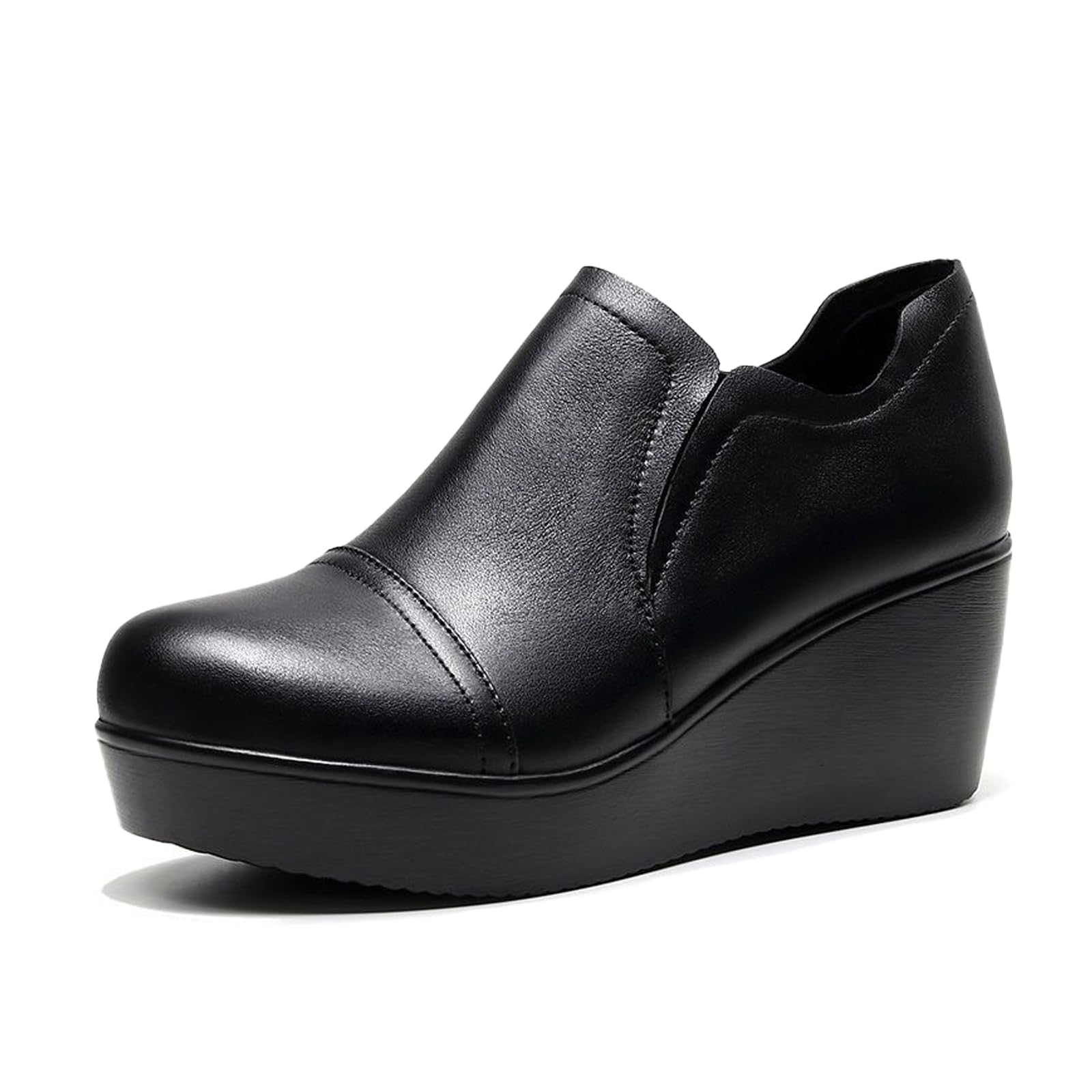 Womens Leather Wedge Heel Slip On Booties Comfort Round Toe Non Slip Platform Ankle Boots Casual Shopping Walking