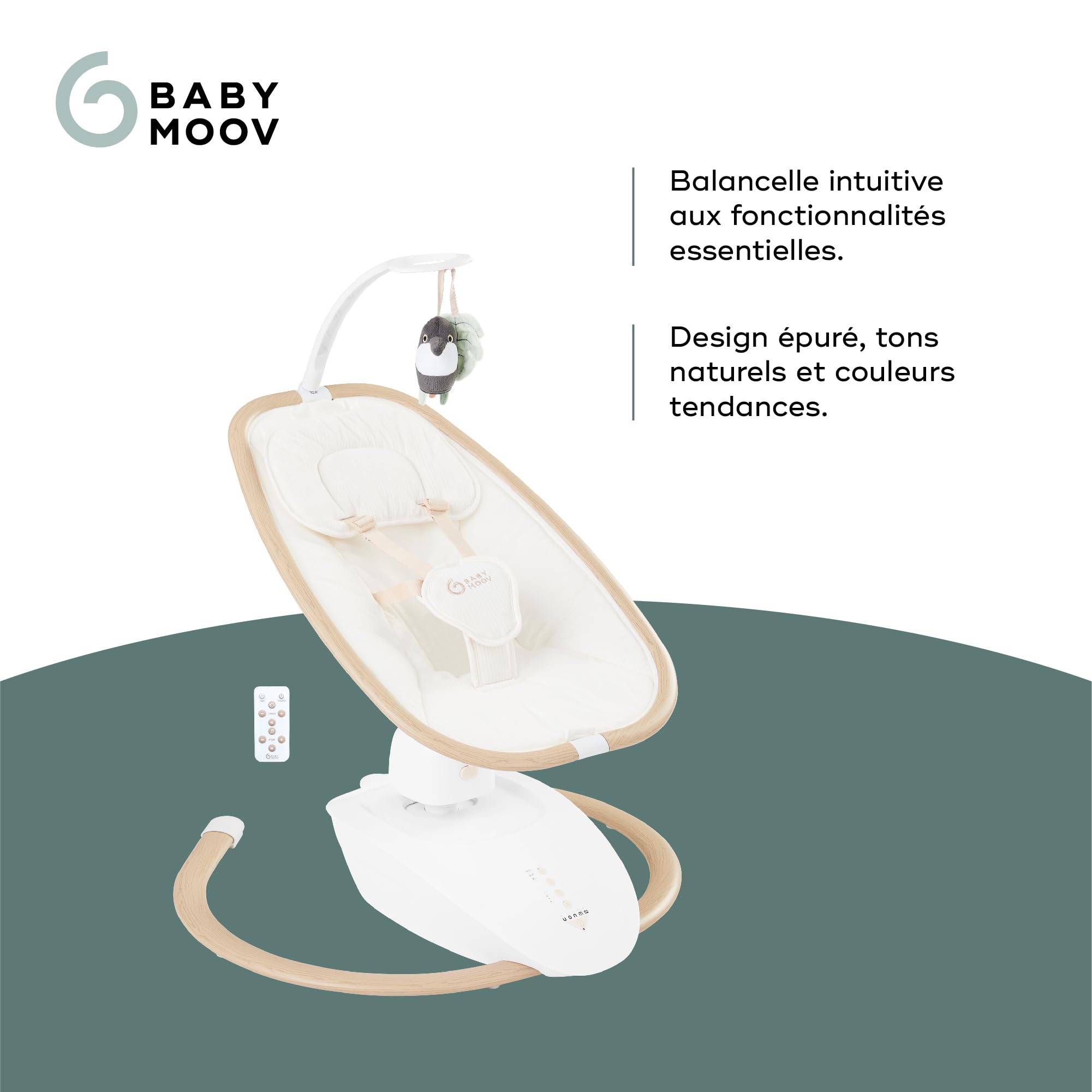Babymoov Balancelle bébé Electrique Swoon Hoop, Télécommande Incluse, Design Epuré, Assise Rotative 90°, Confortable, 5 Mouvements de Bercement, Programmable, 8 Berceuses, Arche de Jeux Incluse, Sand