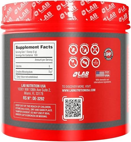 Miniatura 4 de Lab Nutrition - Suplemento de entrenamiento para construcción muscular, monohidrato de creatina micronizada pura, apto para dieta cetogénica, polvo