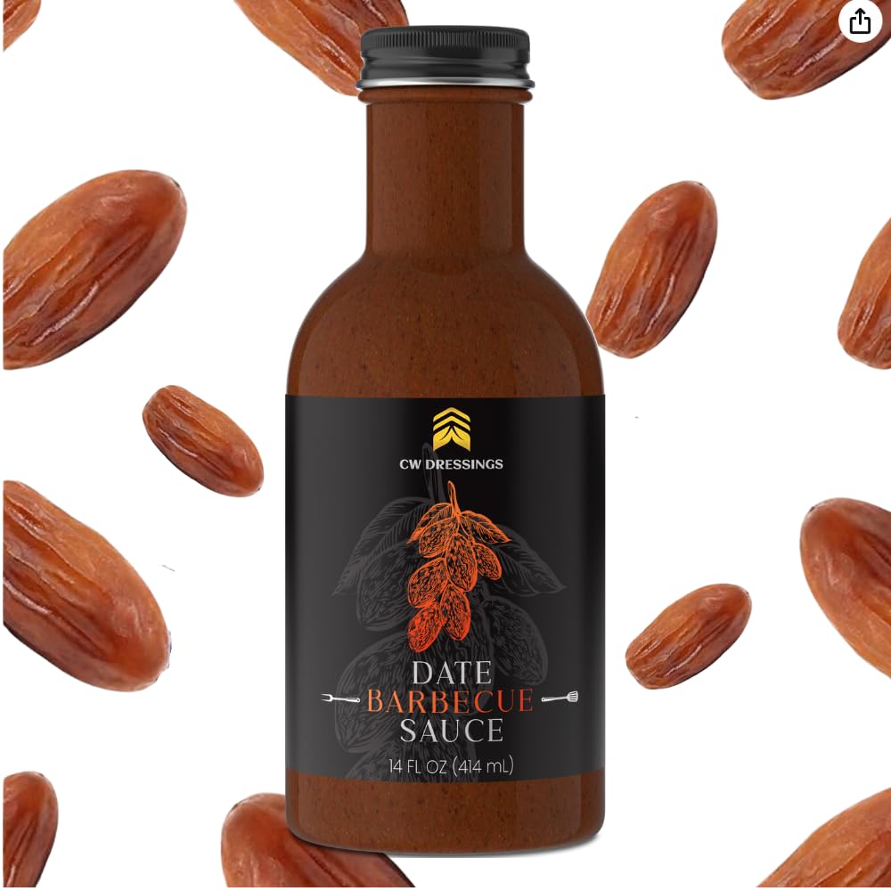 CW Dressings - Gourmet Date Barbecue Sauce - Made w/Organic Deglet Nour Date Syrup, Ketchup, Brown Sugar, Molasses, Worcestershire Sauce - 14 Oz