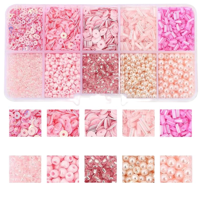 1 Box Friendship Bracelet Making Kit Pink Glass Seed Beads Bugle Beads PVC Iridescent Bulk Loose Sequins for Jewellery Bracelet Making Enthusiasts and Beginner