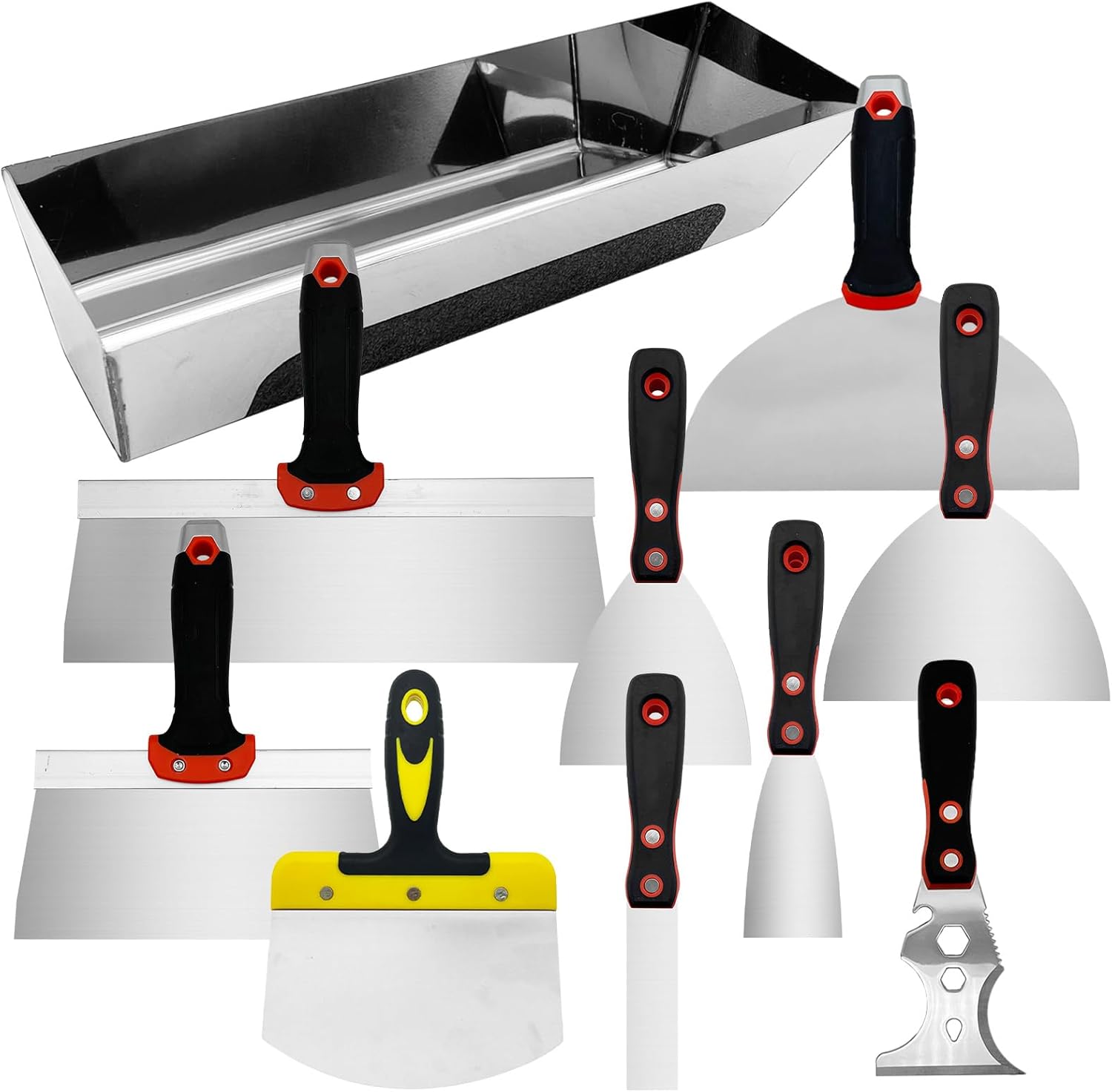 Drywall Hand Tool Kit, 10 Pieces Stainless Steel Drywall Knife Set Include Putty Knife, Taping Knifes, Painter Scraper, 14" Mud Pan & 6" Scoop for Joint Taping, Finishing, Patching
