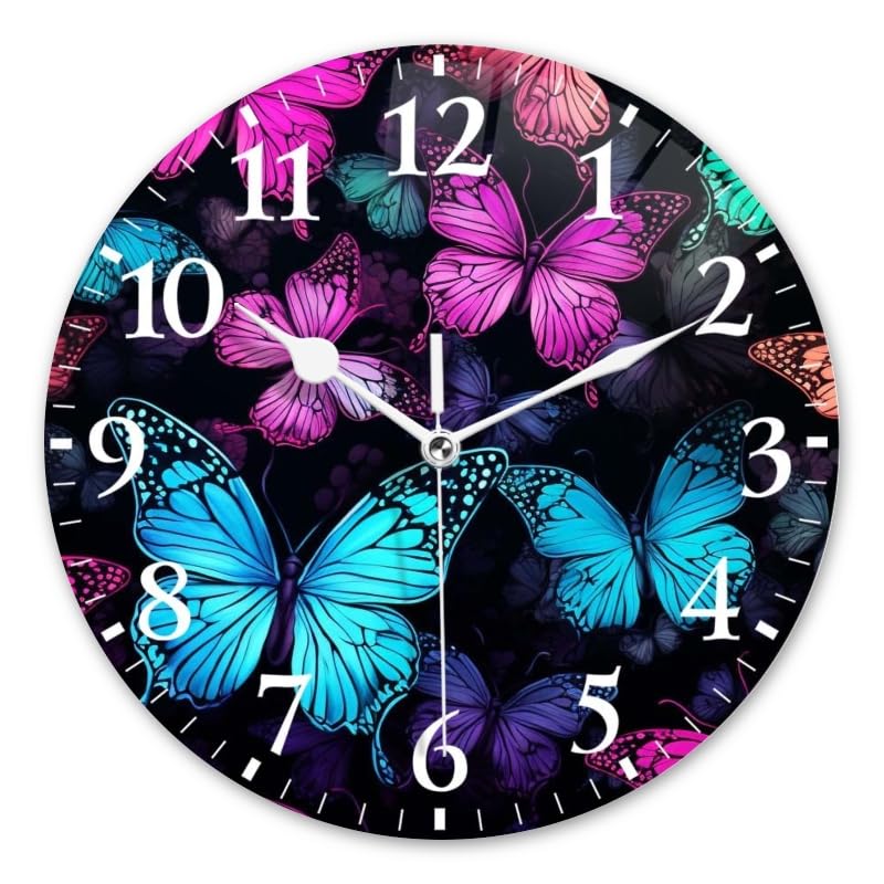 DTOIVSAT Battery Operated Round Wall Clock Non-Ticking Silent Analog Clcok Decorative for Living Room,Office,Kitchen-Rainbow Butterflies Colorful(