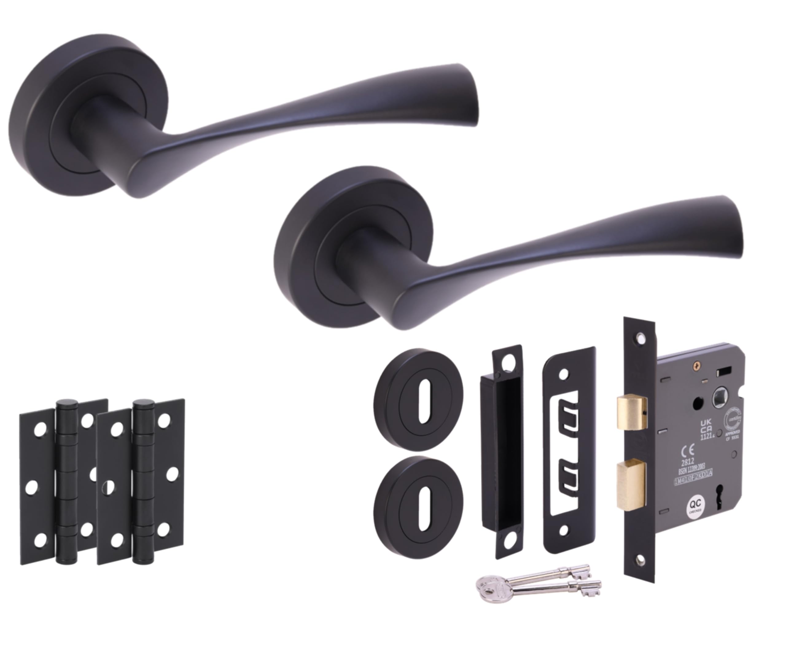 Hunta HANDLEZONE® Zena Door Handles on Rose 3 Lever Lock Pack with Ball Bearing Hinges - Black Matt