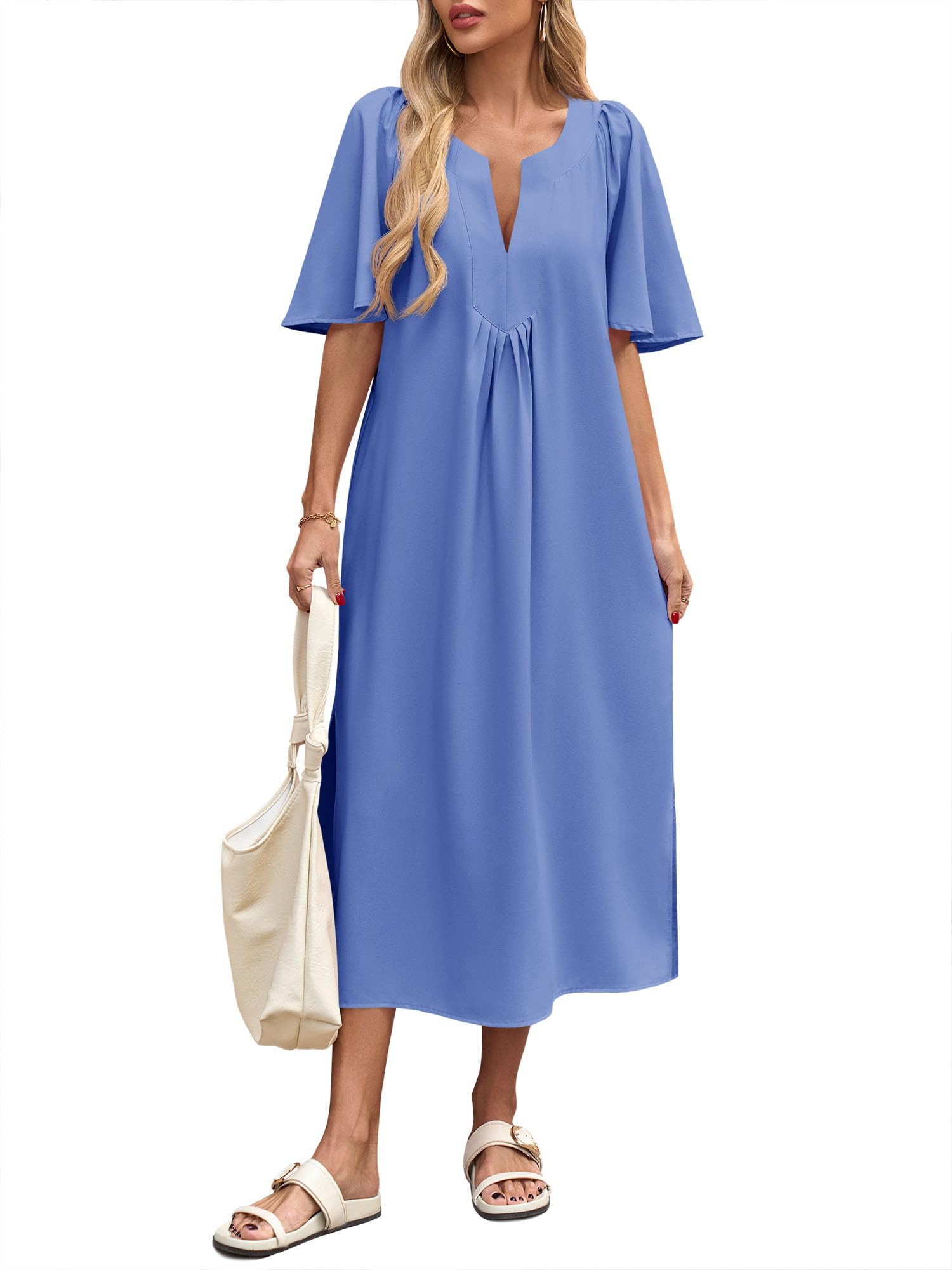 Wenrine Womens Casual Maxi Dress Short Sleeve Loose Flowy Summer Dresses