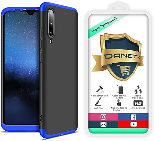 Kit Capa Capinha Anti Impacto 360 Full Para Xiaomi Mi A3 e Cc9e - Case  Acrílica Fosca Com Película De Vidro Temperado - Danet (Preto com azul) |  Amazon.com.br
