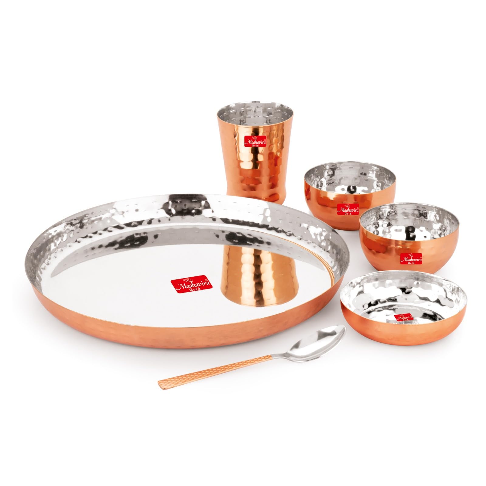 Round Copper Hammered Finish Dinner Sets Used for Home & Restaurant with 1 Thali, 2 Bowls, 1 Sweet Dish, 1 Glass & 1 Spoon - Set of 6