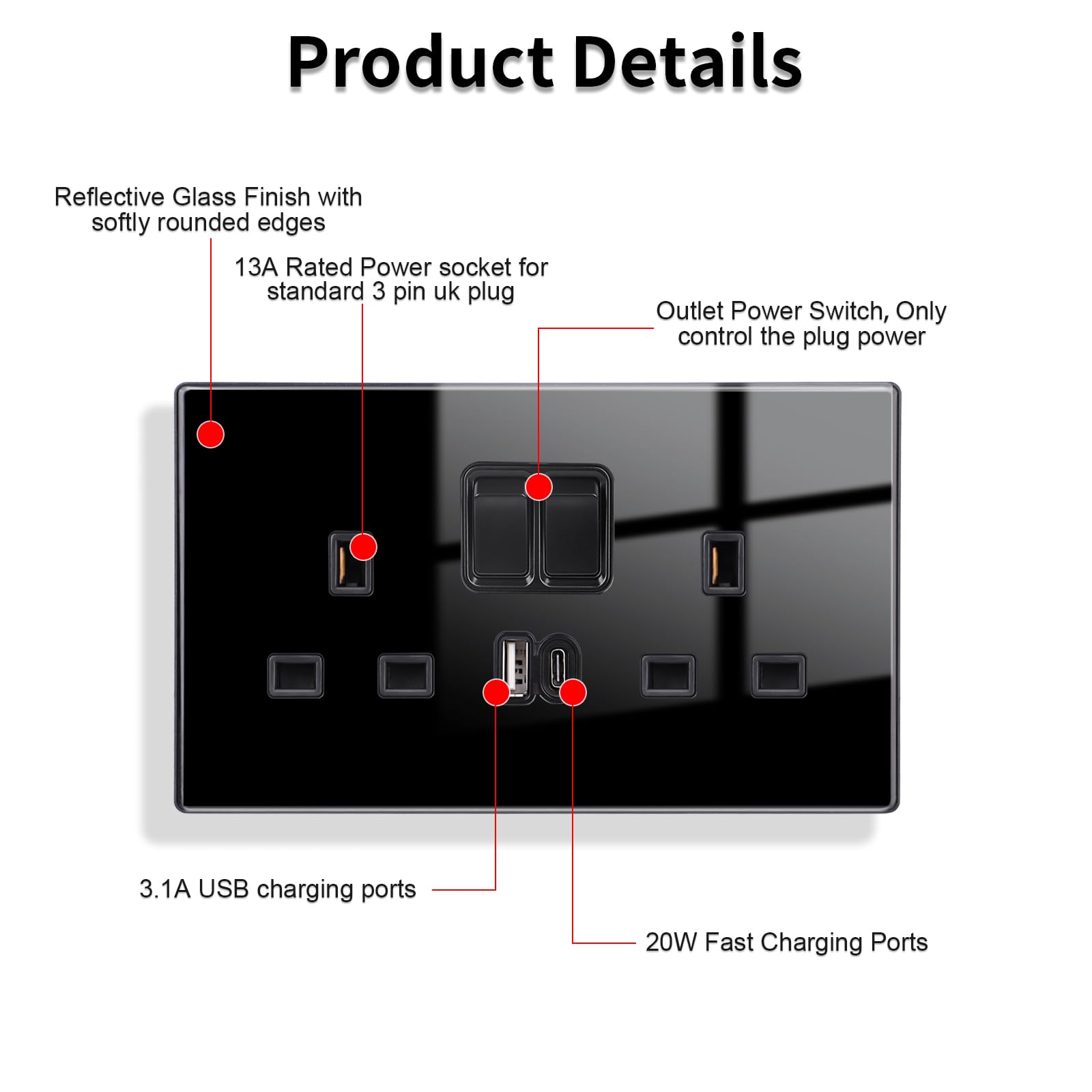 JIMEIDA 5 Pack Black Double Switched Socket 20W Fast Charging 13 Amp with USB A and USB C Charging Ports Crystal Glass Panel Wall Outlet,250V - Image 2