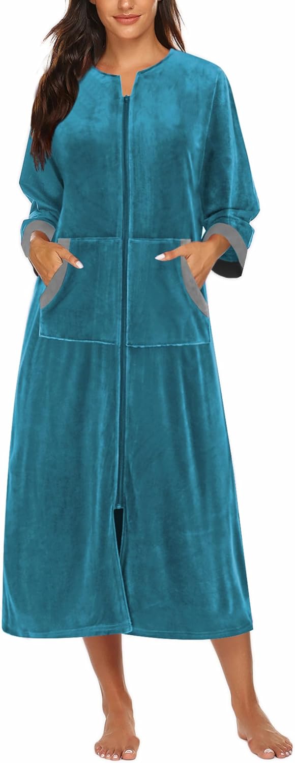 Ekouaer Robe for Women Velour Zipper Robe 3/4 Sleeves Housecoat Full Length Loungewear Long Bathrobe with Pockets